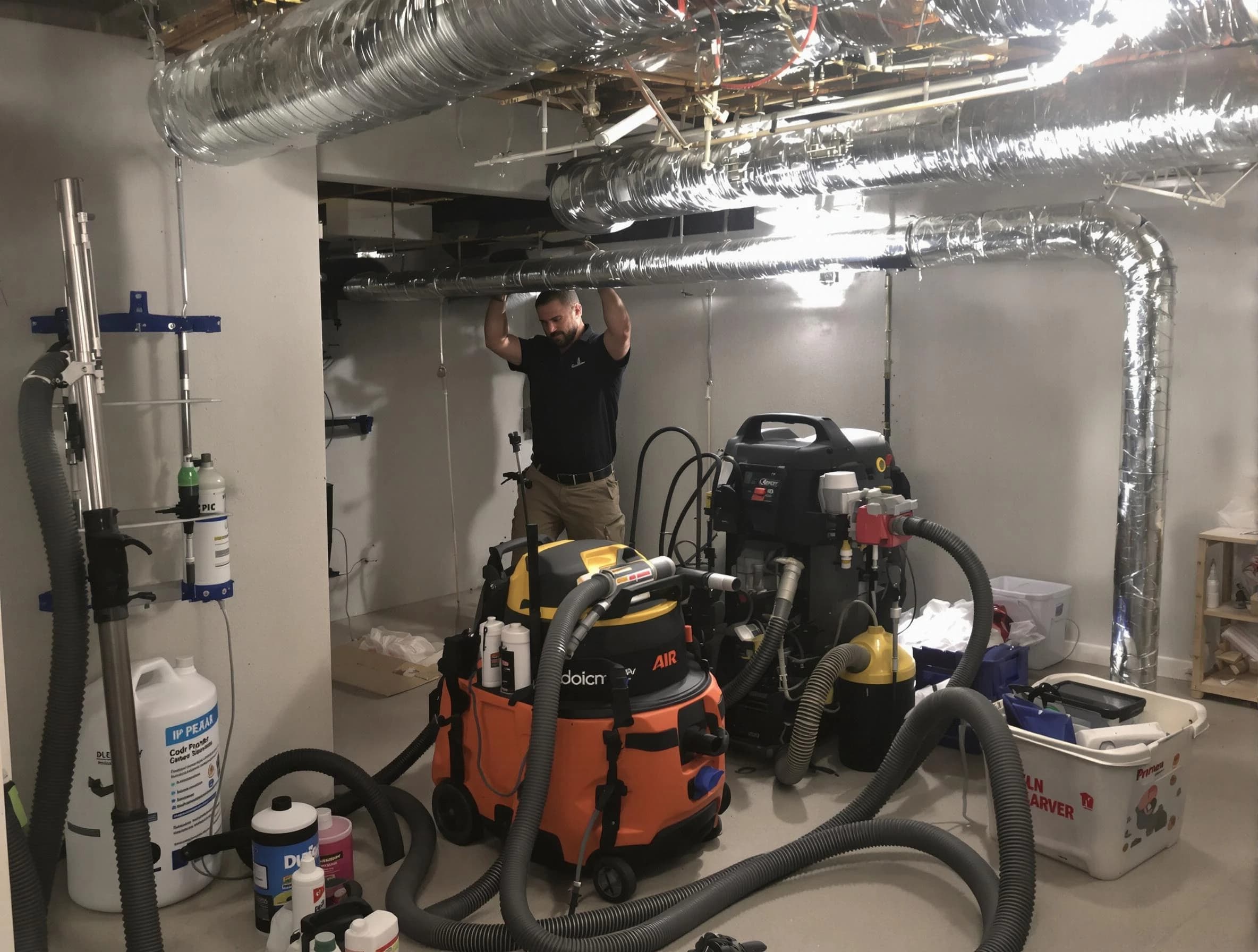 Rostraver Air Duct Cleaning specialist performing professional mold removal from air ducts using safety equipment in Rostraver