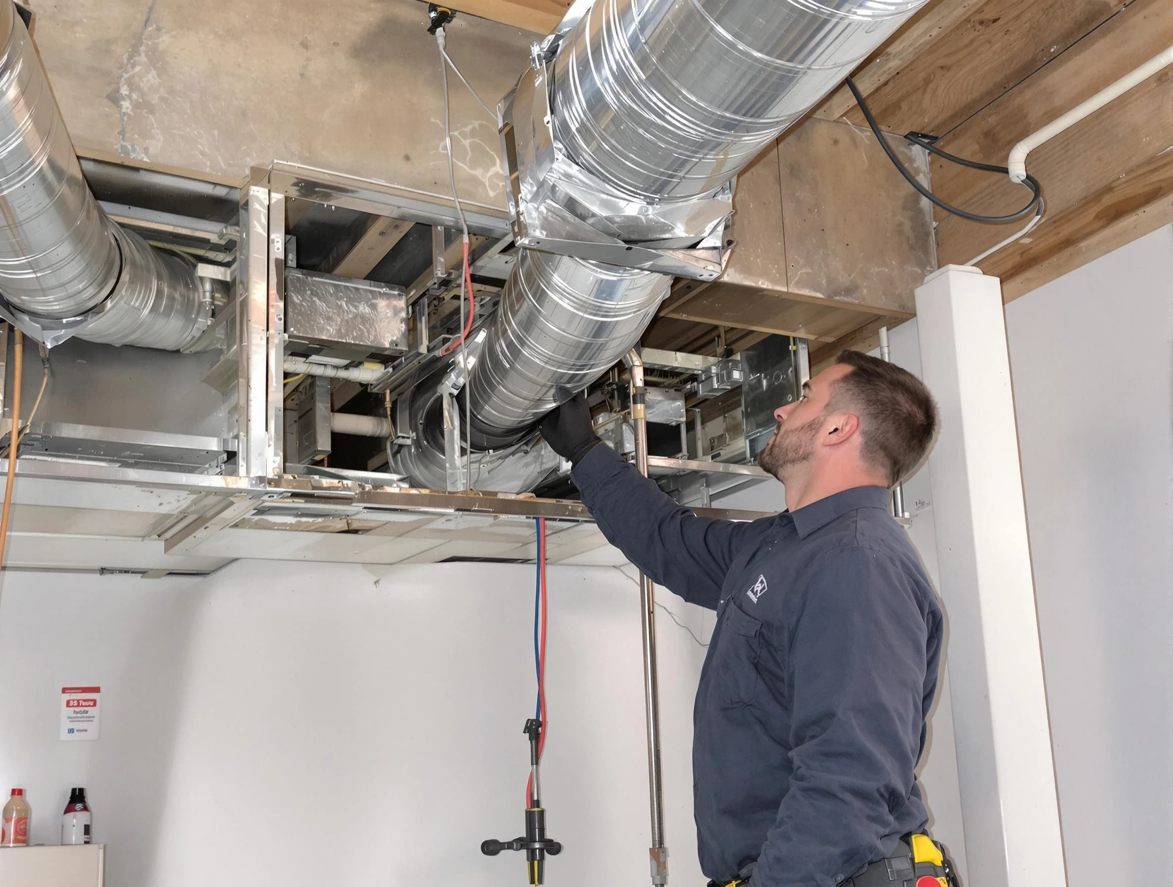 Rostraver Air Duct Cleaning technician performing professional air duct repair using specialized tools in Rostraver